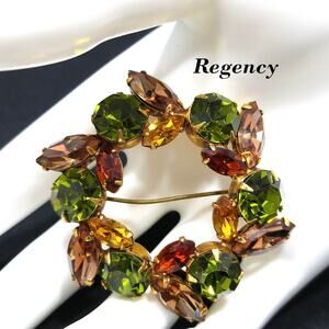 Vintage Regency Wreath Brooch, Green Topaz Citrine Crystal Rhinestones, 1950s